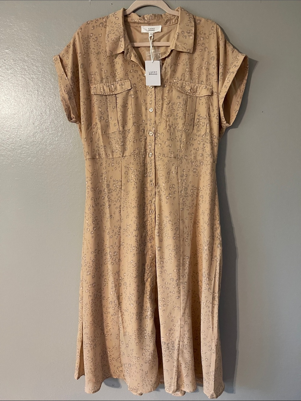 Lucky Brand Beige Animal-Print Midi Shirt Dress
